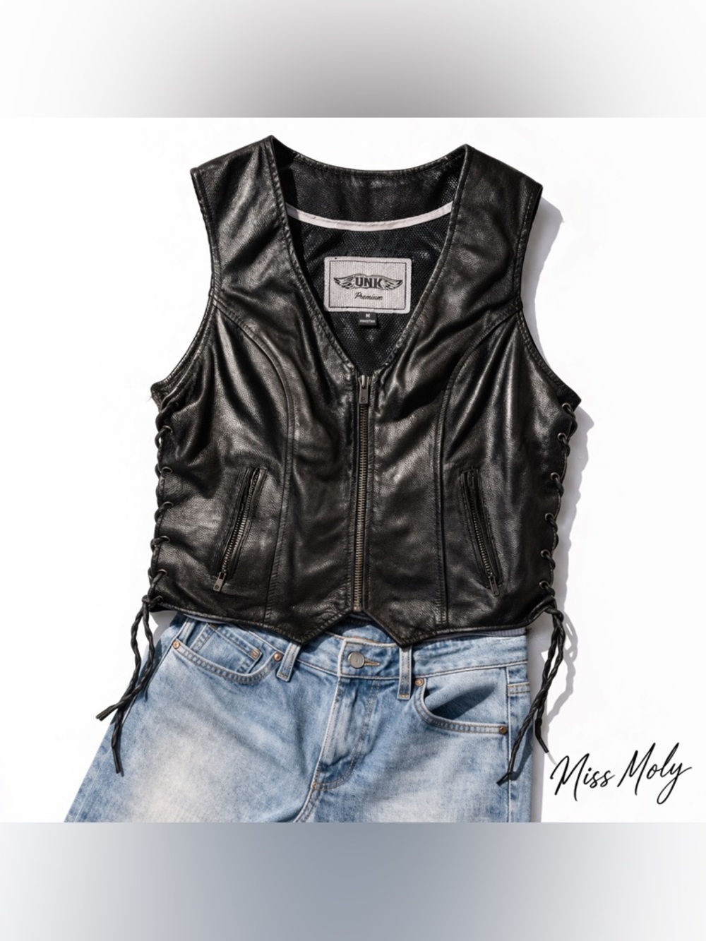 Black Leather Moto Vest UNIK Premium Lace-Up Biker Zip Up Edgy Chic M